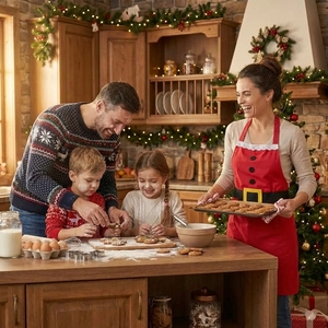 Family wearing Christmas sweaters and Santa aprons baking in a festive kitchen