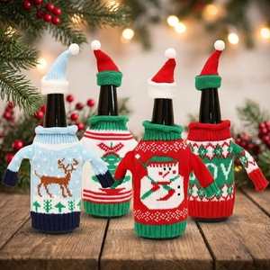Christmas Wine Bottle Cover Knitted Mini Sweater Hat Set Reindeer Snowman Tree Design Festive Holiday Table Party Decor