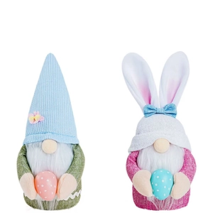 Set of two handmade Easter gnomes with bunny ears and colorful polka dot eggs