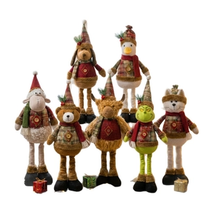 Set of 7 festive plush Christmas figurines with telescopic legs and plaid outfits