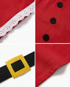 Close-up of Christmas apron details featuring lace trim, felt buttons and belt design