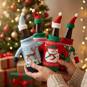 Christmas wine bottle decoration set with knitted mini sweaters and hats for festive party décor