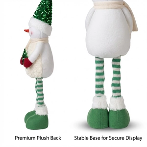 Detail of sequined hat and stable base on a telescopic plush Christmas snowman