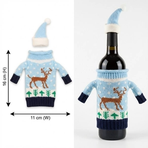 Housse de bouteille de Noël en tricot bleu avec motif renne et dimensions précises