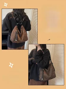 Detail of leopard print backpack showing multifunctional double shoulder and crossbody straps