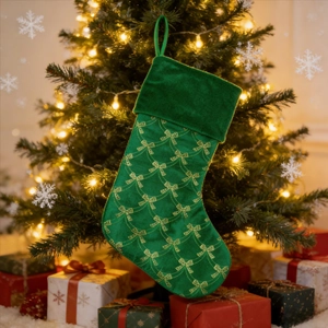 Detail of forest green velvet Christmas stocking with gold sequins bow pattern hanging on tree