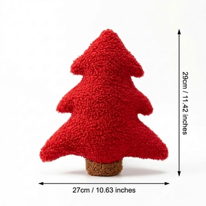 Detail of red plush Christmas tree pillow showing soft sherpa texture and 29cm dimensions