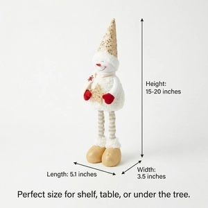 Sequin snowman plush doll with adjustable height from 15 to 20 inches shown in detail