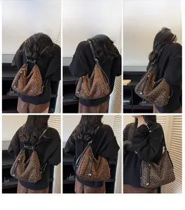 Collage of high-capacity leopard print canvas bag showing multiple carrying styles