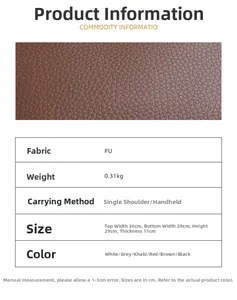 Detailed size specifications and brown pebbled PU leather texture for the tote bag