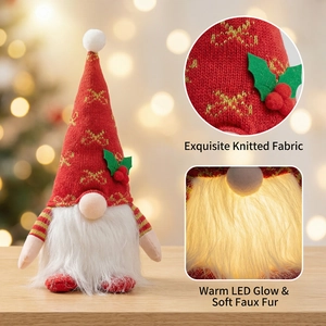 Gnomo natalizio luminoso con cappello in maglia rosso e luce LED calda per decorazioni