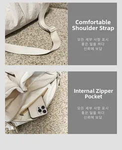 Detail view of the adjustable shoulder strap and spacious inner zipper pocket of this tote bag