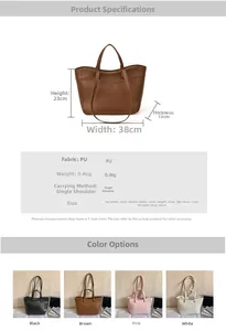 Detailed size chart for the PU leather tote bag with measurements and color options