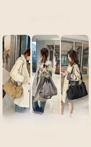 Three color options of large capacity pleated crossbody bags in beige, gray, and black
