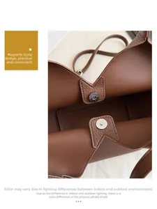Gros plan du fermoir magnétique et texture litchi sur sac seau marron