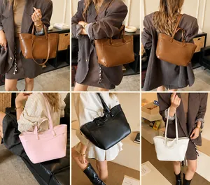 Collage of large commuter tote bags in brown, black, pink, and white leather finishes
