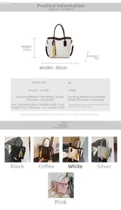 Detail specifications of PU bucket bag showing sizes, five colors, and pebbled texture