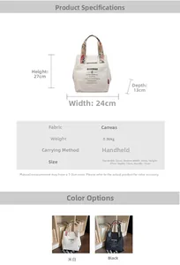 Detailed size chart for the large canvas bucket bag with measurements and specifications