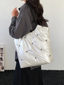 Women Large Capacity Star Quilted Puffer Tote Bag Metallic Glossy Shoulder Bag Casual Crossbody Bag For Commuting Travel Fashion