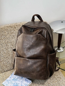 Vintage PU Leather Large Capacity Backpack For Men Women Minimalist Solid Color Laptop Bag Urban School Casual Travel Daypack