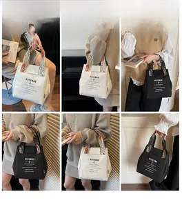 Detailed shots of a canvas bucket bag featuring floral embroidery straps and large capacity