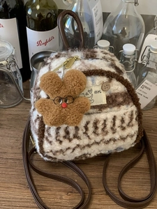 Korean Style Women Mini Plush Backpack Retro Faux Fur Cow Print Small Daypack With Cute Bear Pendant Fashion Handbag