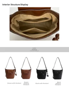Detail view of pumpkin bucket bag interior and color options with pendants