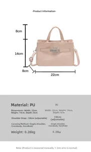 Tableau des tailles du sac à main rose en cuir PU avec dimensions 22x14x8cm et sangle