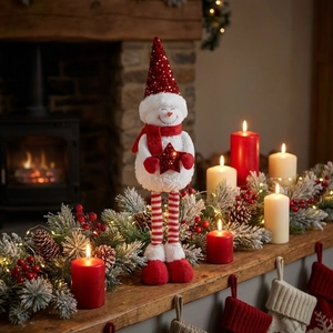 Cozy scene with a sequined snowman plush doll featuring long legs by a warm fireplace