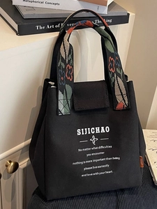 Women Casual Canvas Bucket Tote Bag With Floral Embroidery Handle Letter Print Large Capacity Handbag Japanese Style Bag