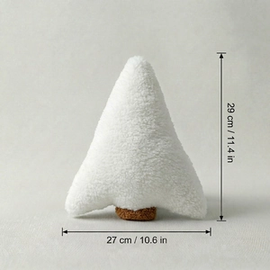 Detailed dimensions of white plush Christmas tree pillow, 29 cm high and 27 cm wide