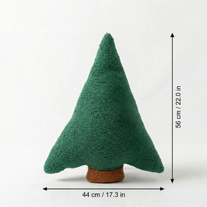 Plush Christmas tree decorative pillow in dark green faux fur fabric, 56cm height size