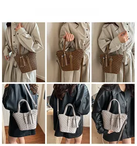 Detailed views of woven bucket bag with tassel showing styling on various outfits