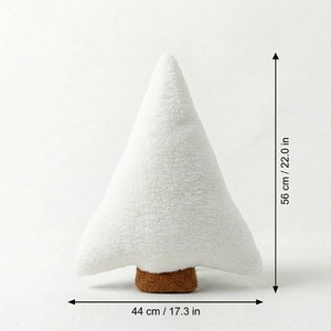 Detail showing dimensions of white bouclé plush Christmas tree decorative pillow
