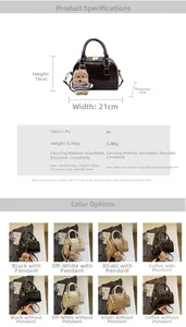 Size chart showing 21x13x6cm dimensions and material specs for this shell handbag