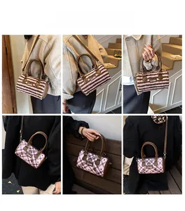 Detailed views of striped and checkered pillow bags shown in various outdoor settings