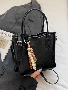 Vintage PU Leather Bucket Bag Women Small Crossbody Bag With Wooden Bead Charm Glossy Patent Shoulder Bag Adjustable Strap Commuter Tote Bag For Daily Use