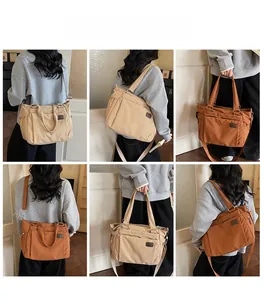 Vues détaillées du grand sac cabas pour femme en nylon kaki et orange-marron