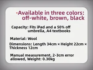 Detailed size guide and material specs for the multi-functional woolen tote bag