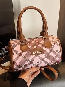 Casual Women Commuter Pillow Bag PU Leather Plush Striped Plaid Star Pattern Boston Crossbody Bag Versatile Cylindrical Handbag