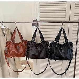 Retro large capacity tote bag with cross pendant in brown, coffee, and black colors