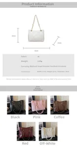 Detailed size chart and parameter table for quilted chain tote bag in various colors