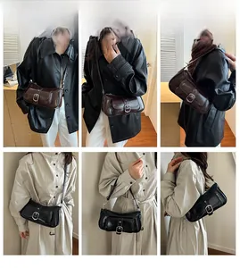 Retro glossy leather shoulder bag with silver buckle shown in black and brown colors