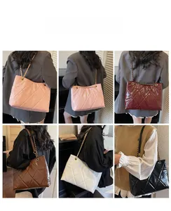 Collage of quilted faux leather tote bags in five colors with chain straps worn by models
