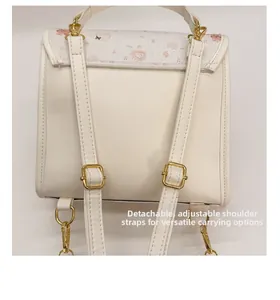 Detail of detachable and adjustable straps on this beige cartoon PU leather backpack