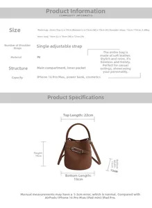 Guide des tailles du sac seau en cuir PU indiquant les dimensions 22x15x19cm et la bandoulière