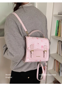 Pink cartoon cat and cupcake printed backpack with metal logo and double buckles