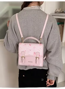 Rear view of a model wearing a pink cartoon bear backpack with adjustable straps