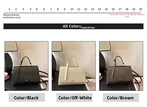 Comparaison détaillée de sacs à main en cuir grainé noir, beige et marron avec échelle