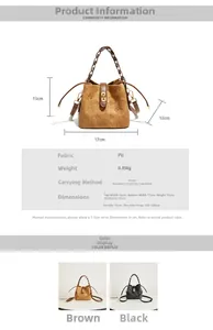Detailed size chart and product specifications for the retro embossed PU bucket bag
